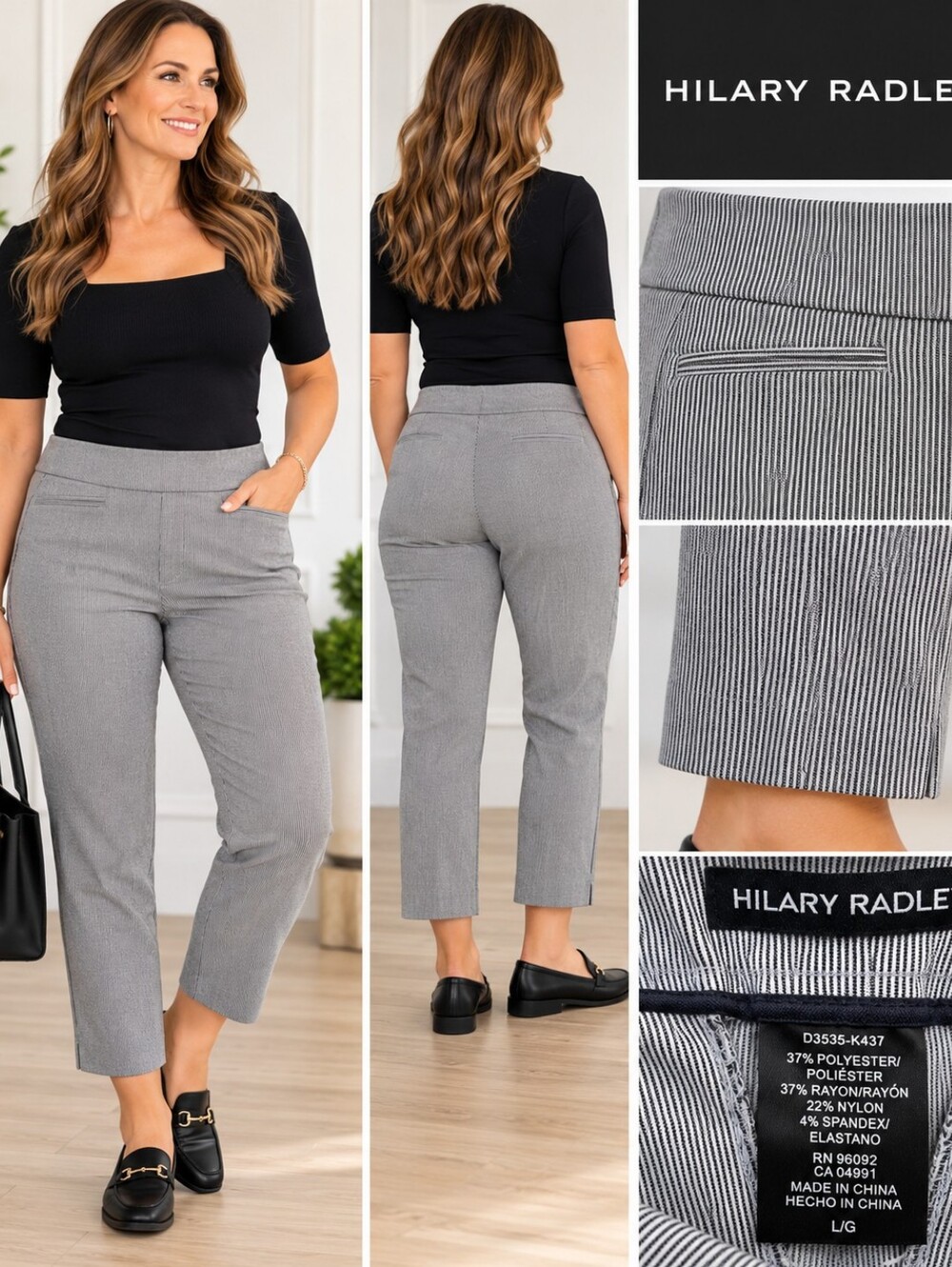 🖤 Hilary Radley Pinstripe Stretch Crop Pants Size L Gray Black